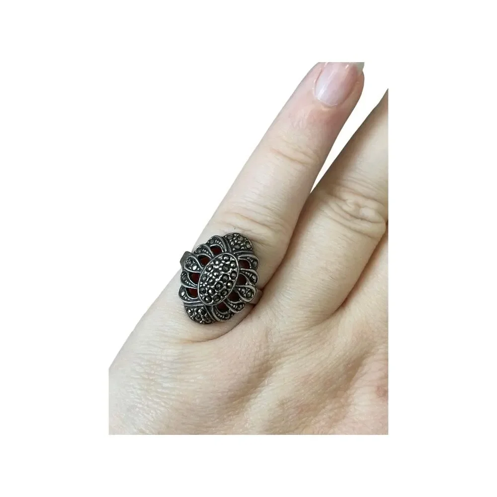 Sterling Silver Marcasite Ring, Vintage Marquis Ring Size 5.75